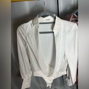 White blouse , satin like fabric, open draped front